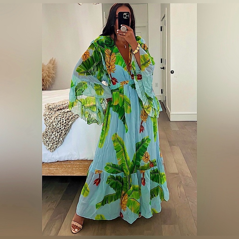 FARM RIO Fresh Bananas Printed Ruffle Maxi Dress, Tiered, Revolve NWOT